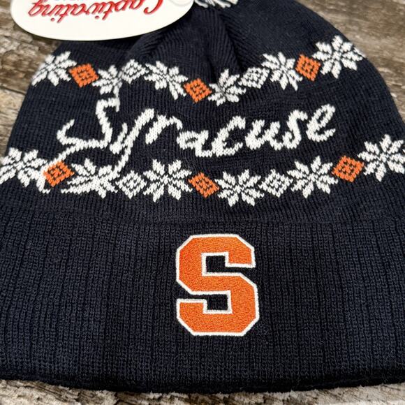 Syracuse Orange "S" Snowflake‎ Knit Pom Pom Beanie Hat Navy Fair Isle Cozy NEW - Picture 3 of 9